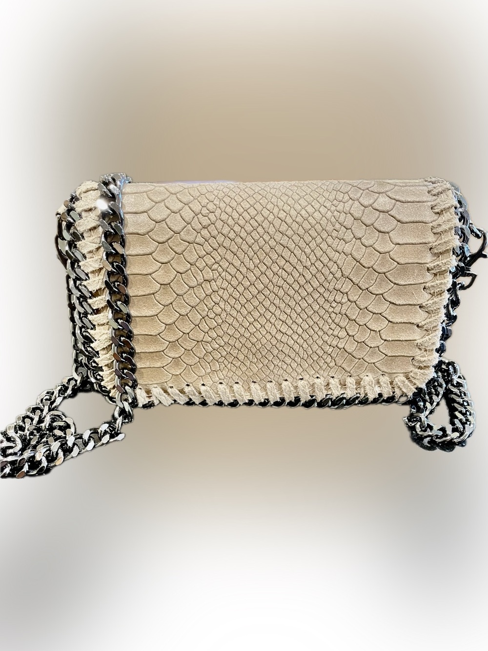 Snake-Embossed Genuine Leather Chain Crossbody Bag in taupe.